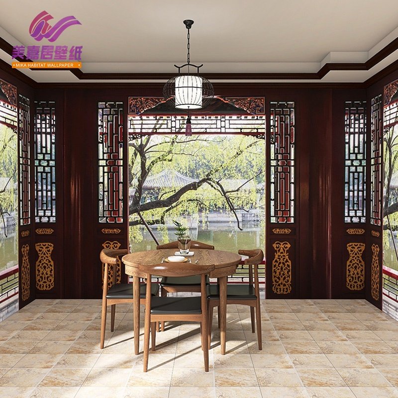 复古中式仿真木门墙纸古典窗外风景拍照书房酒楼餐厅饭店装修壁纸