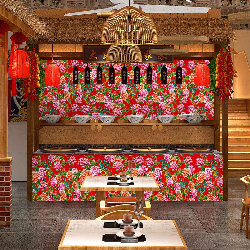 东北大花布壁纸农村直播背景布特色风格装饰铁锅炖饭店小酒馆墙纸