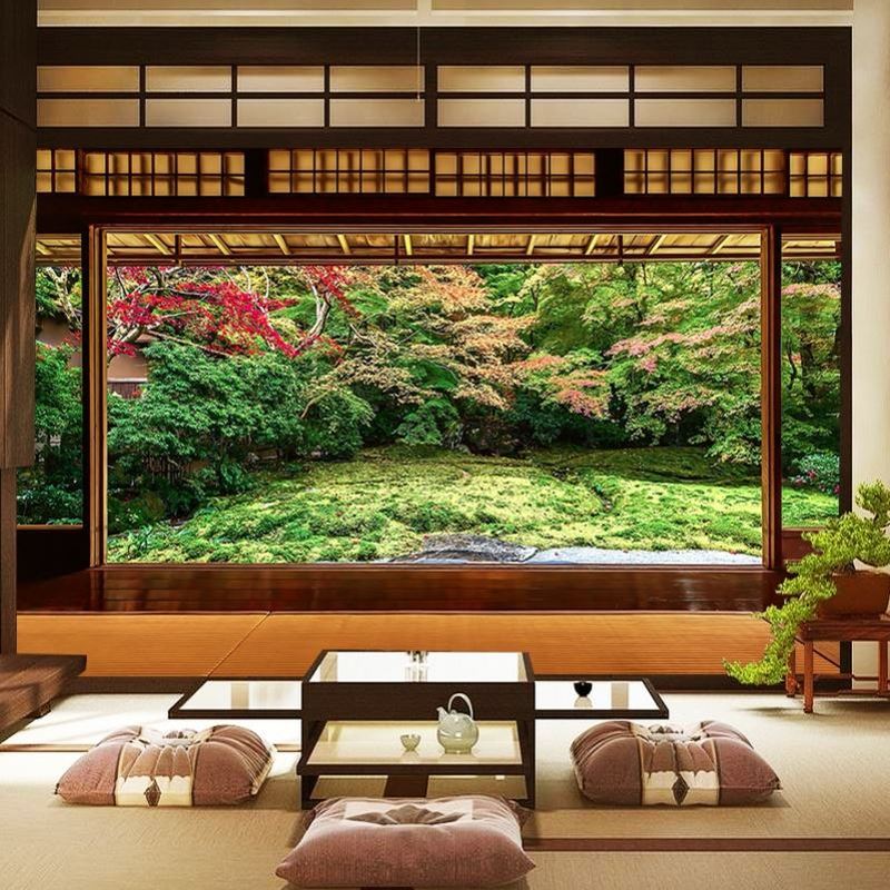 日本庭院风景墙布日式走廊景色餐厅背景墙纸寿司店居酒屋装饰壁纸图片