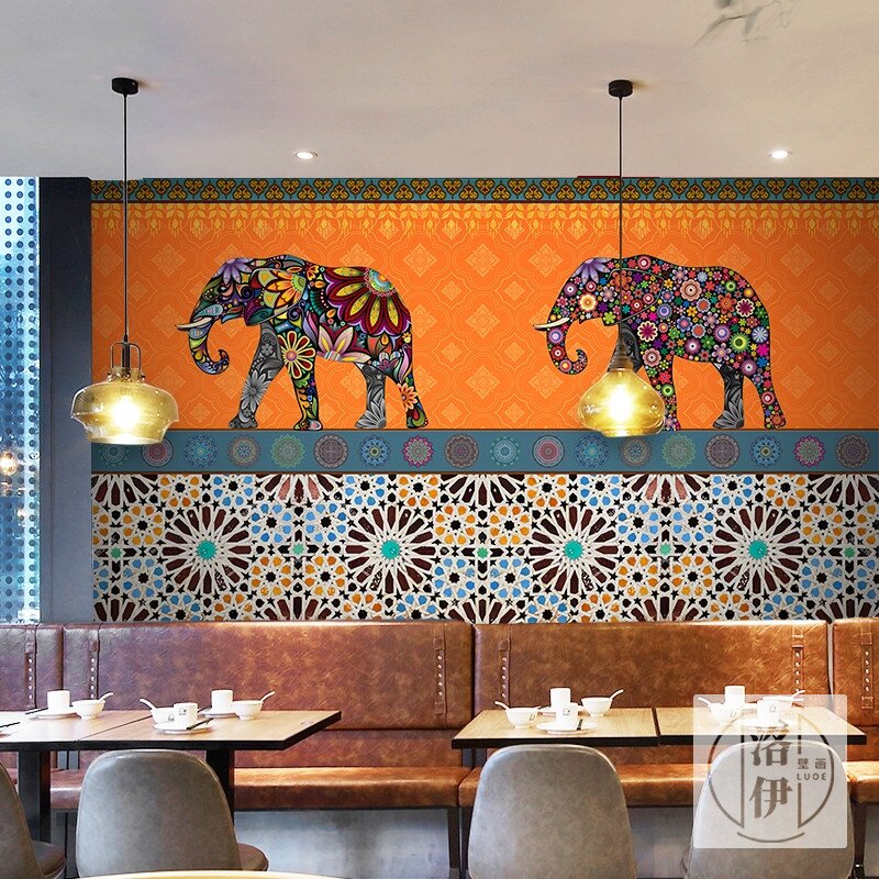 摩洛哥异域风情墙纸印度风格瓷砖东南亚奶茶店餐厅泰式装修壁画纸
