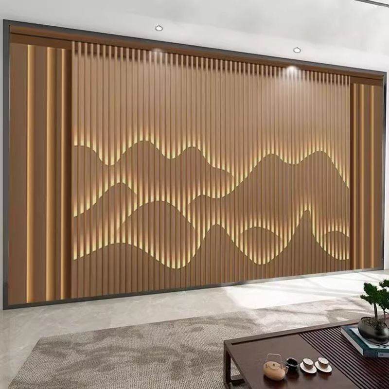 现代新中式木格栅电视背景墙布墙纸山水造型装饰壁画客厅茶室壁纸图片
