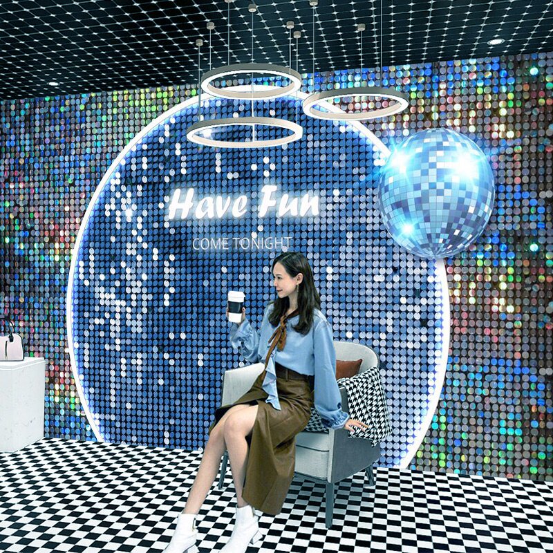 网红快手直播间壁纸ktv打卡唱歌主播舞台背景墙镭射炫彩格子墙纸