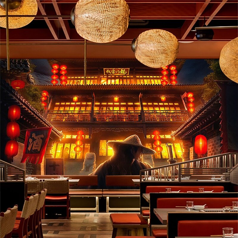 江湖武侠风格墙纸龙门客栈主题餐厅壁画菜馆装饰火锅店背景墙壁纸