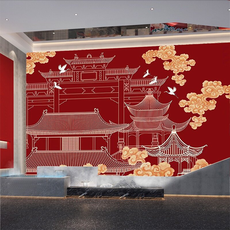 大气红色中国风墙纸中式古典宫廷宫殿线条画背景墙火锅店餐厅壁纸