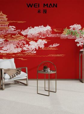新款中式古风墙纸复古红色中国风客厅背景墙墙布阁楼禅意客厅壁纸