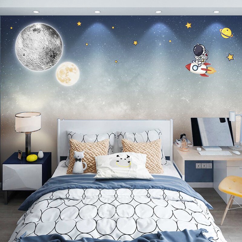 男孩子儿童房墙布太空主题墙纸宇航员星空壁纸卧室床头背景墙壁布