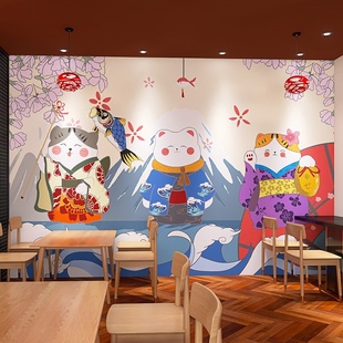 招财猫浮世绘墙纸和风居酒屋壁画 日本寿司料理店餐厅装 饰壁纸日式