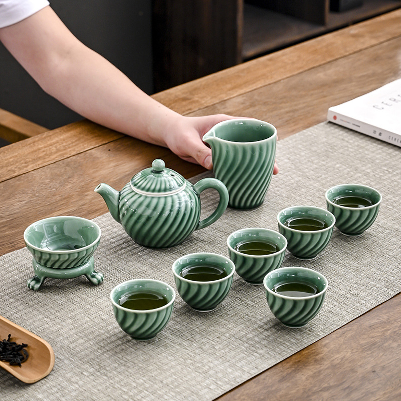 中式青瓷条纹功夫茶具仿木纹礼盒套装领导客户乔迁生日商务礼品