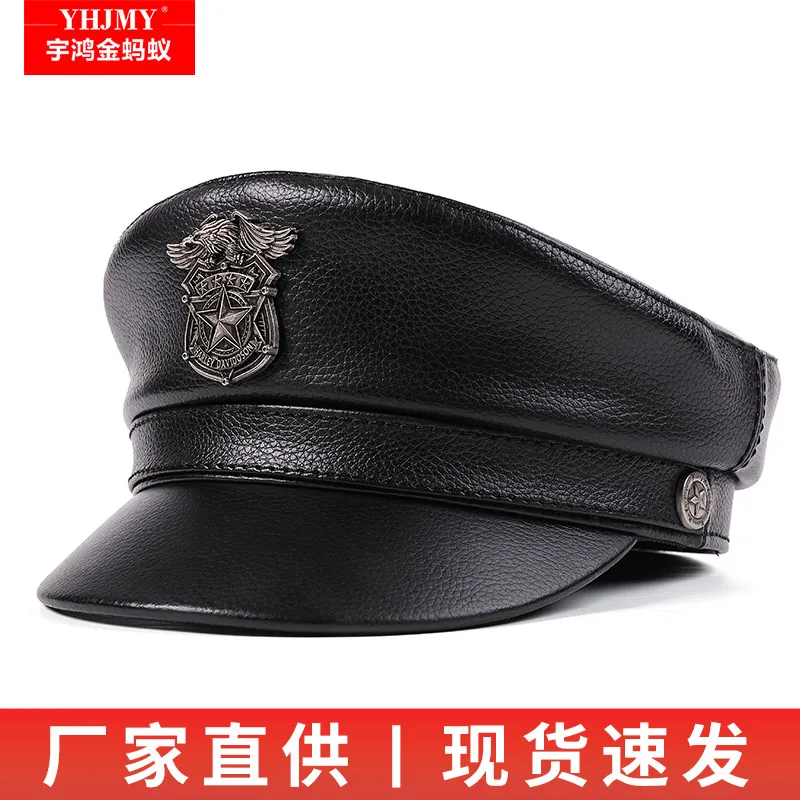真皮帽子男士中老年山羊皮平顶机车帽青年英伦船长帽秋冬季鸭舌帽
