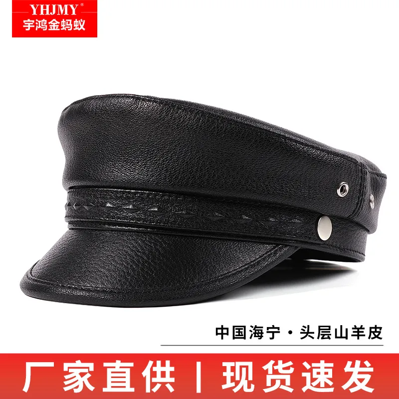 真皮帽子男女山羊皮韩版春秋冬机车鸭舌平顶帽报童哈雷帽时尚休闲