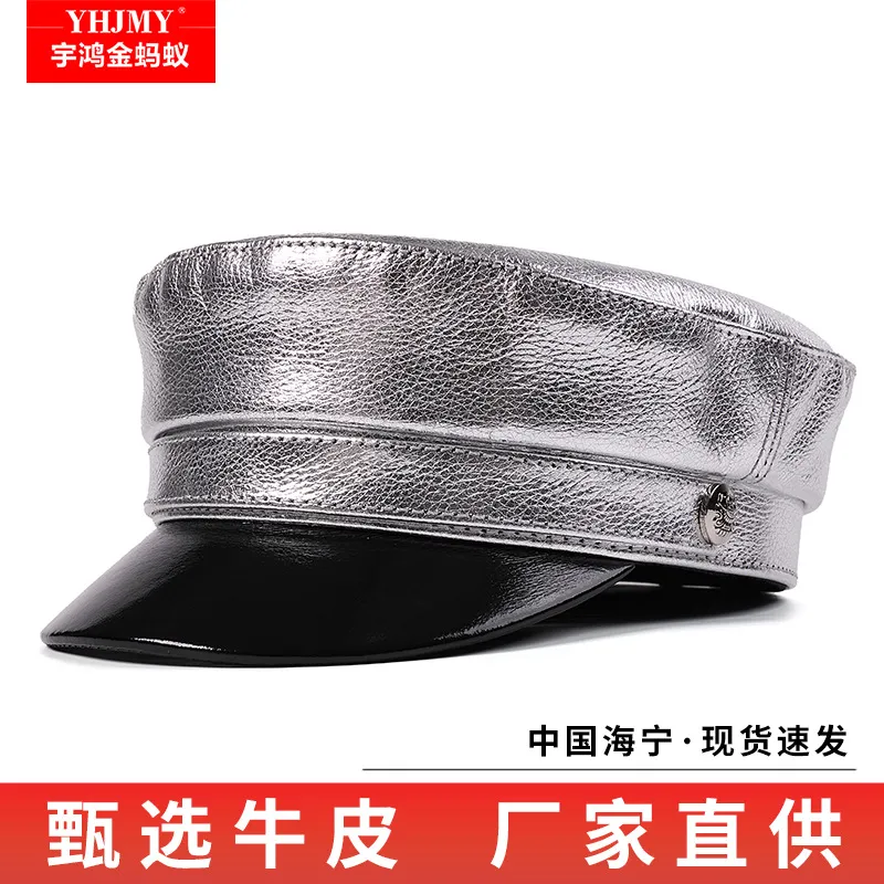 复古羊皮贝雷帽女式时尚英伦明星款皮帽男帽子平顶鸭舌帽网红款潮