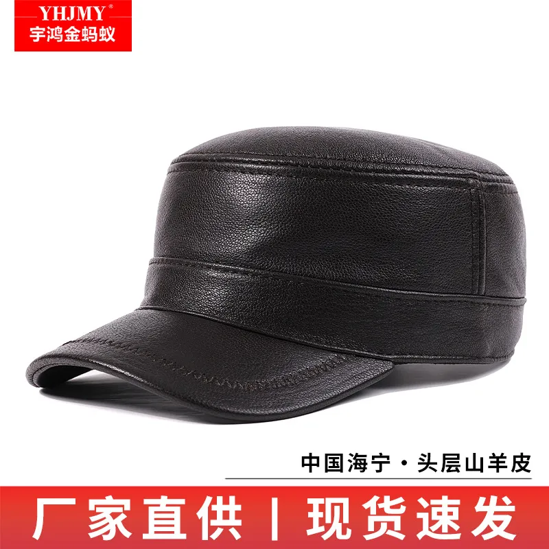 春秋薄款真皮帽子男士山羊皮平顶帽男青年冬季休闲中老年男帽