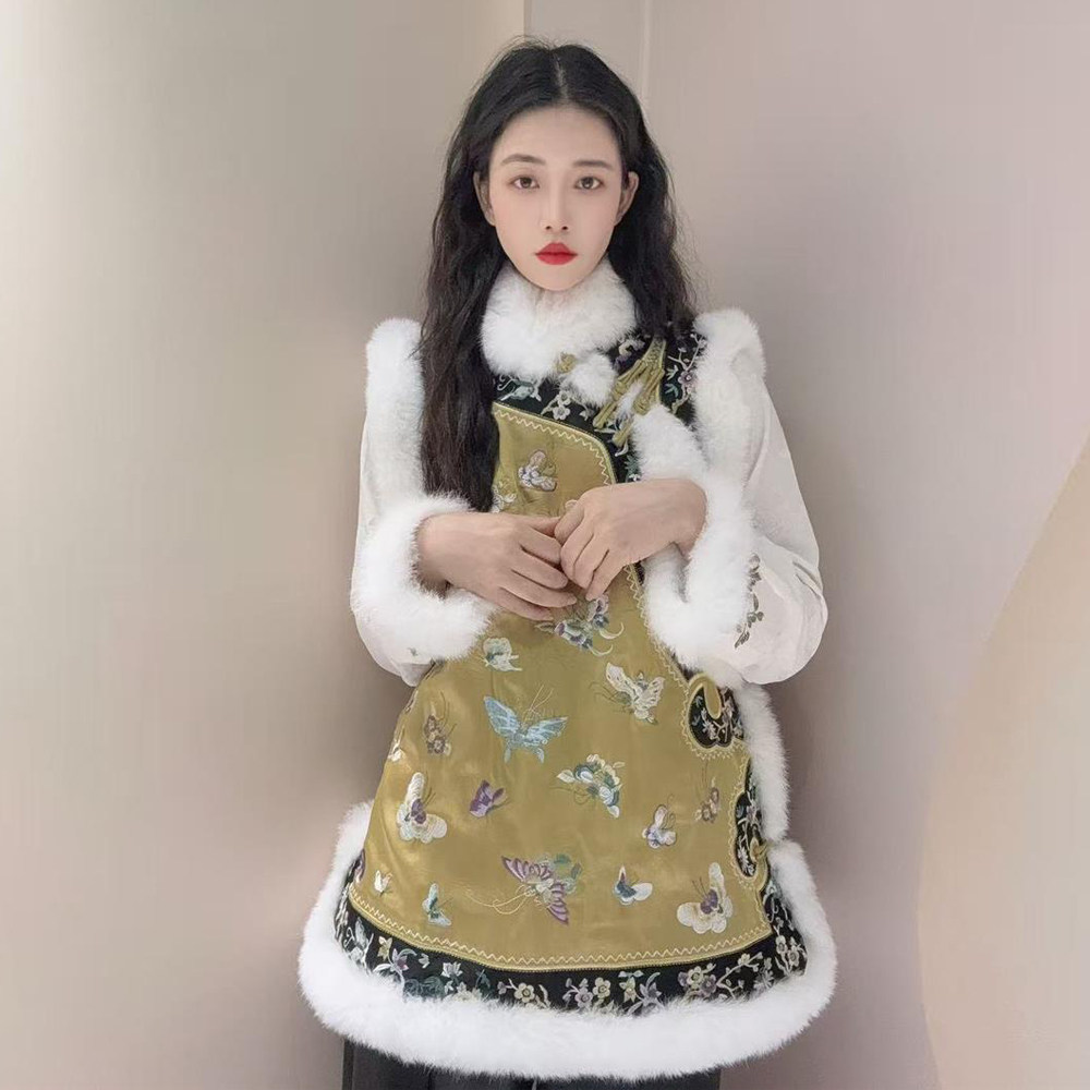 新中式国风重工刺绣中长款马夹女高级感加厚保暖背心毛毛加棉马甲