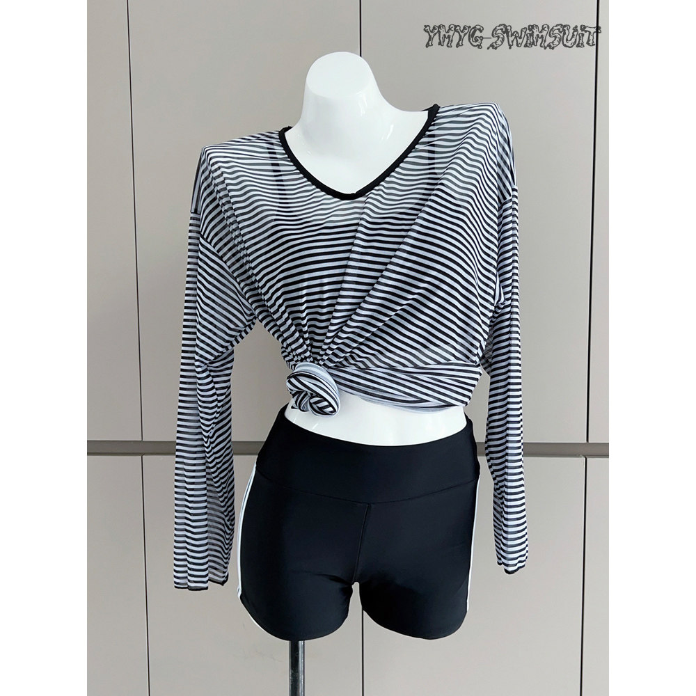 一米阳光泳衣女分体平角经典条纹罩衫保守遮肉显瘦大码泡温泉泳装