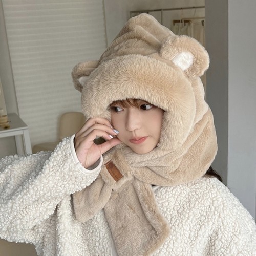 小熊帽子女冬季毛绒保暖加厚骑车防风护耳连帽围脖围巾一体