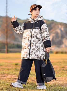 男童学生中长款宽松羽绒服加厚黑绿迷彩外套大童连帽棉袄衣棉服冬