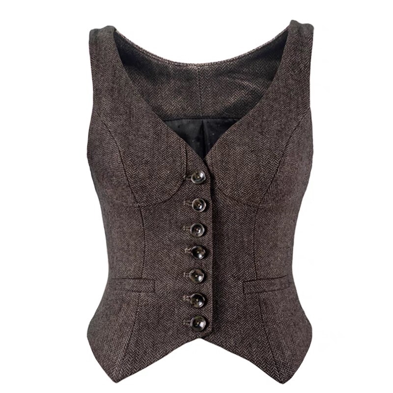 LOVE ROSE原创设计师 秋冬咖啡毛呢马夹上衣 外搭骑士马甲背心