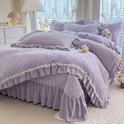 韩版法式花边款加厚牛奶绒四件套双面宝宝绒珊瑚绒被套夹棉床裙款