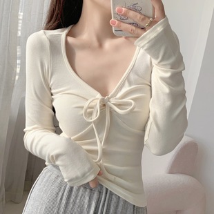 t恤打底衫 内搭独特温柔韩系纯欲辣妹春秋季 V领绑带长袖