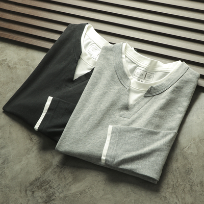 长袖美式复古高街假两件长袖T恤