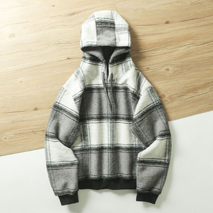 意轻奢教父 ！ 外贸尾货秋冬男士休闲毛呢连帽套头格子卫衣潮外套