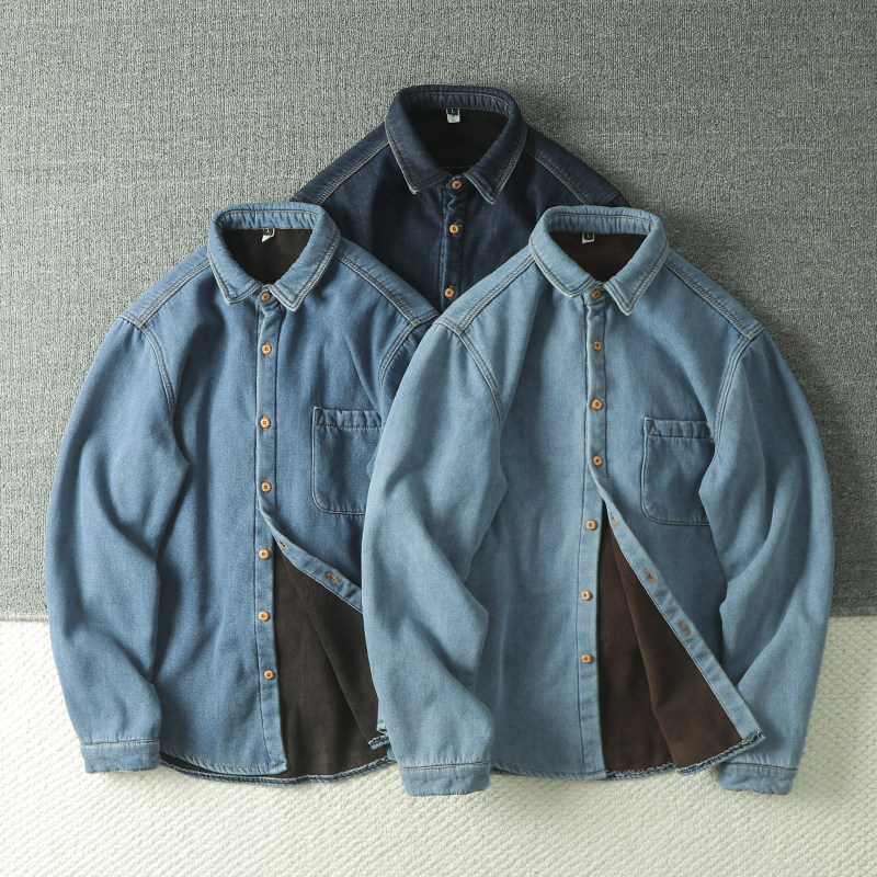 外贸男装工厂尾货秋冬酵素水洗加绒加厚休闲长袖牛仔衬衫衬衣,男装,衬衫,淘宝优惠券,粉丝福利购,淘宝优惠卷