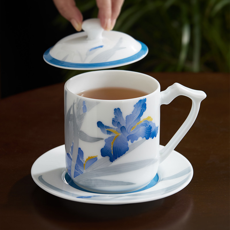 醴陵瓷器新世纪艺术馆纯手绘釉下彩兰花杯茶杯会议杯800ml大容量