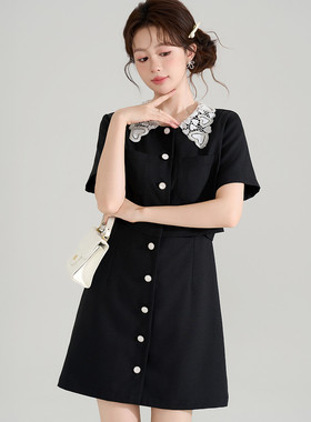 xzcv夏季镂空娃娃领连衣裙女撞色小黑裙法式优雅气质显瘦裙子