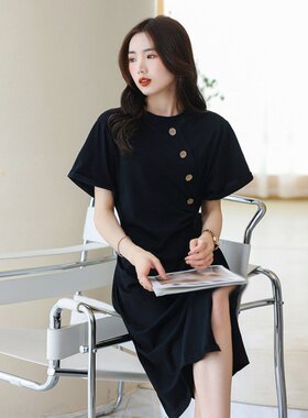 XZCV 2025夏季时尚百搭连衣裙女收腰显瘦简约纯色圆领短袖裙子