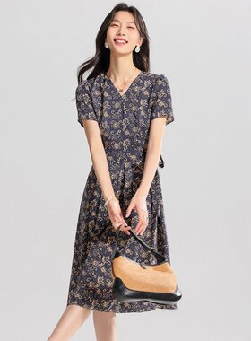 xzcv轻熟复古印花连衣裙女系带A字裙时尚夏短袖碎花裙质感裙子