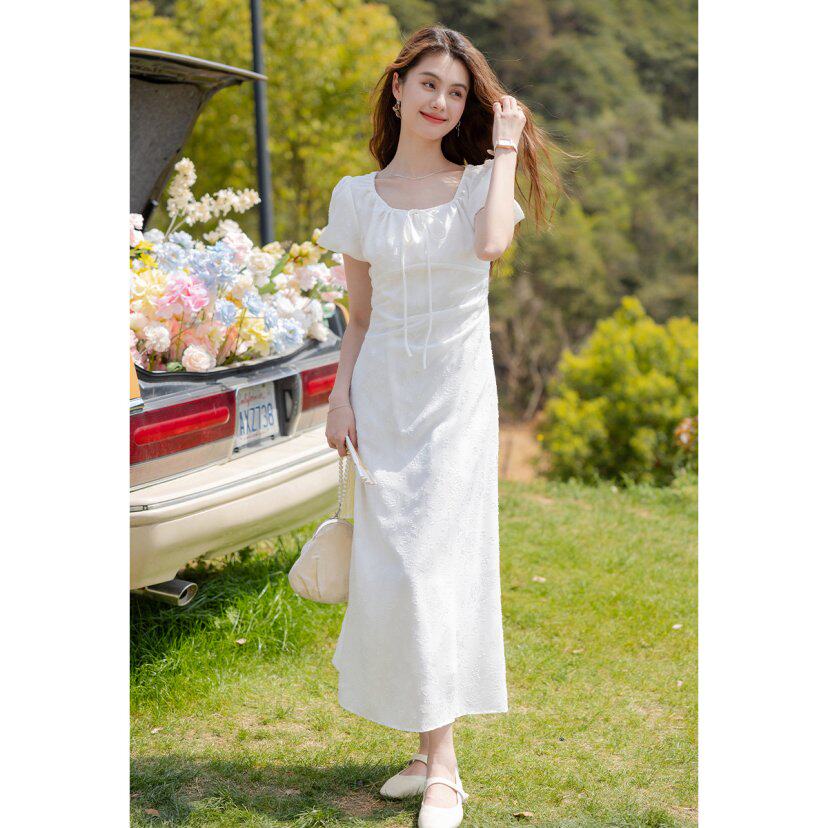 XZCV【茶歇法式提花连衣裙】25年高级感温柔风褶皱收腰显瘦长裙