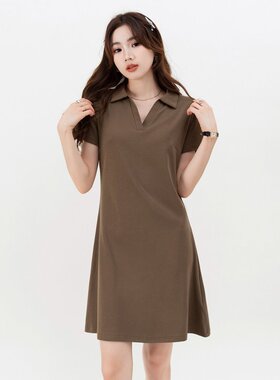 XZCV夏季复古纯色短袖Polo裙女款百搭洋气时尚显瘦休闲连衣裙