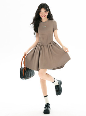 XZCV短袖连衣裙女夏季学院风收腰A字裙纯色打褶大裙摆连衣裙女