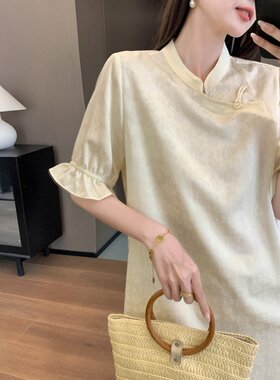 XZCV国风江南系列】夏季新中式斜襟盘扣提花直筒遮肉连衣裙女中长