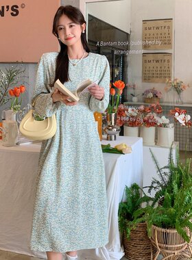XZCV 法式温柔风碎花裙女春秋女款气质印花收腰显瘦长袖连衣裙