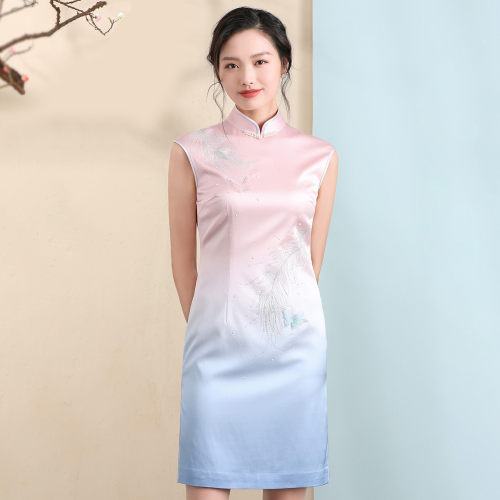 XZCV春夏绣花桑蚕丝旗袍婚宴礼服