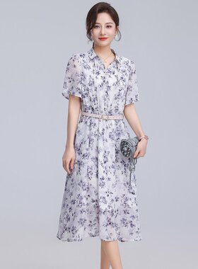 XZCV收腰显瘦】连衣裙夏季时尚翻领女气质优雅腰带A字裙通勤