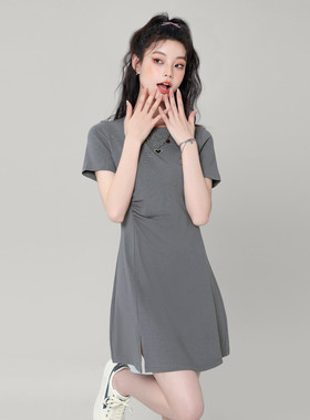 xzcv夏季短袖连衣裙收腰显瘦设计感洋气韩版t恤裙子ins潮连衣裙
