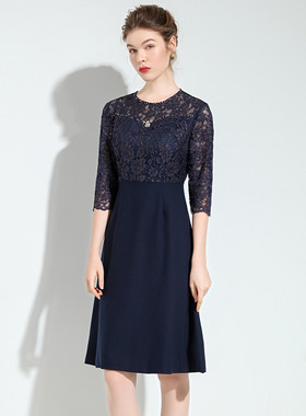 XZCV春秋女款手工钉珠蕾丝拼接国风新中式连衣裙