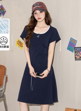 XZCV气质收腰显瘦夏季女款简约U型领中长款休闲减龄弹力连衣裙