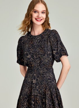 XZCV法式印花a字连衣裙女短款收腰显瘦通勤设计感裙子2025夏季