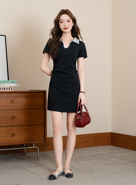 XZCV气质优雅拼色翻领短袖连衣裙女夏季弹力修身显瘦连衣裙