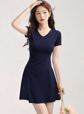 XZCV【a字裙】夏季新款弹力修身短裙舒适收腰显瘦短袖V领连衣裙