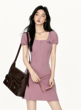 XZCV芭蕾风连衣裙女夏季收腰大圆领裙子a字显瘦泡泡袖短裙