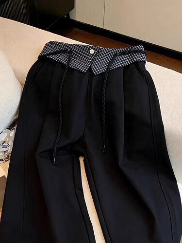 美式复古格子拼接宽松休闲裤女夏季洋气时髦慵懒百搭宽松阔腿裤潮