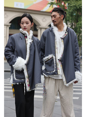 2021新款藏装冬季外套黑色男里面加毛加绒进口金边藏服托卡毛灰色