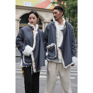 2021新款藏装冬季外套黑色男里面加毛加绒进口金边藏服托卡毛灰色