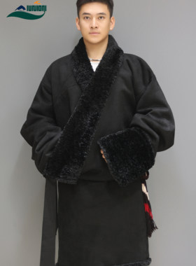 藏式棉衣加厚藏服藏装男装藏族衣服腰带2025新款冬季黑色藏袍一体