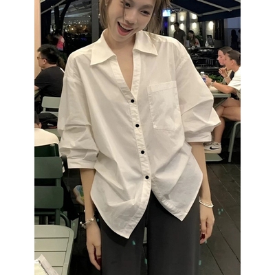 大码翻领休闲收腰白色衬衣