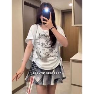 大码 设计感印花体恤宽松显瘦上衣 微胖纯棉正肩收腰短袖 T恤女夏季